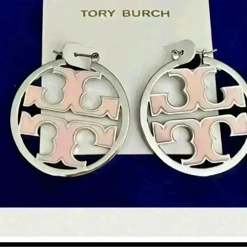 Tory Burch Two-Tone Logo Cutout Hoop Earrings - Peach and Silver